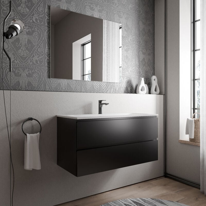 Meuble vasque de salle de bain mdf Noir mat avec lavabo fonte minérale Blanc mat - 100x45,6x50cm - ava cream - Noir mat, Blanc mat avec trou pour