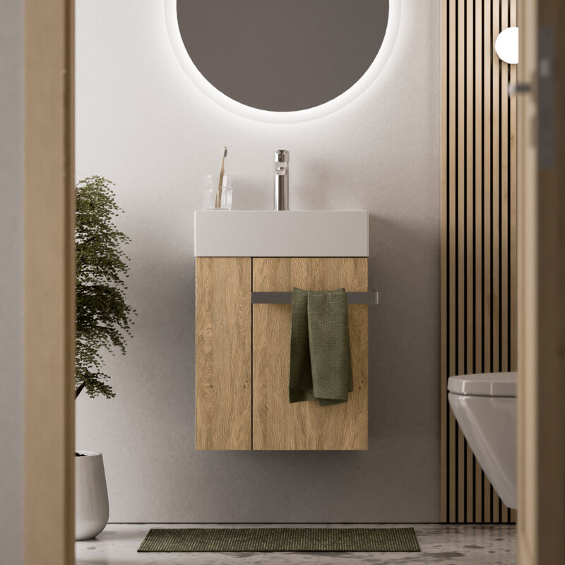 Meuble vasque lave-main Chêne miel 45x35x50cm (LxPxH) 1 tiroir + rangement gauche + poignée Chrome - COMPACT450 Chrome, Chêne Miel doré - Bernstein