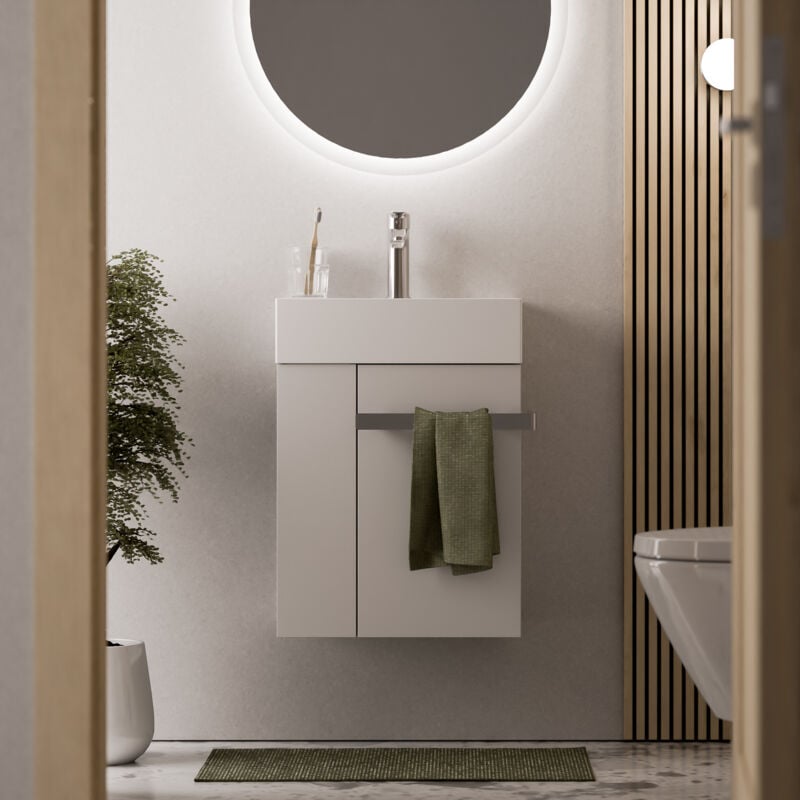 BERNSTEIN - Meuble vasque lave-main Blanc mat 45x35x50cm (LxPxH) 1 tiroir + rangement gauche + poignée Chrome - COMPACT450 Blanc mat, Chrome