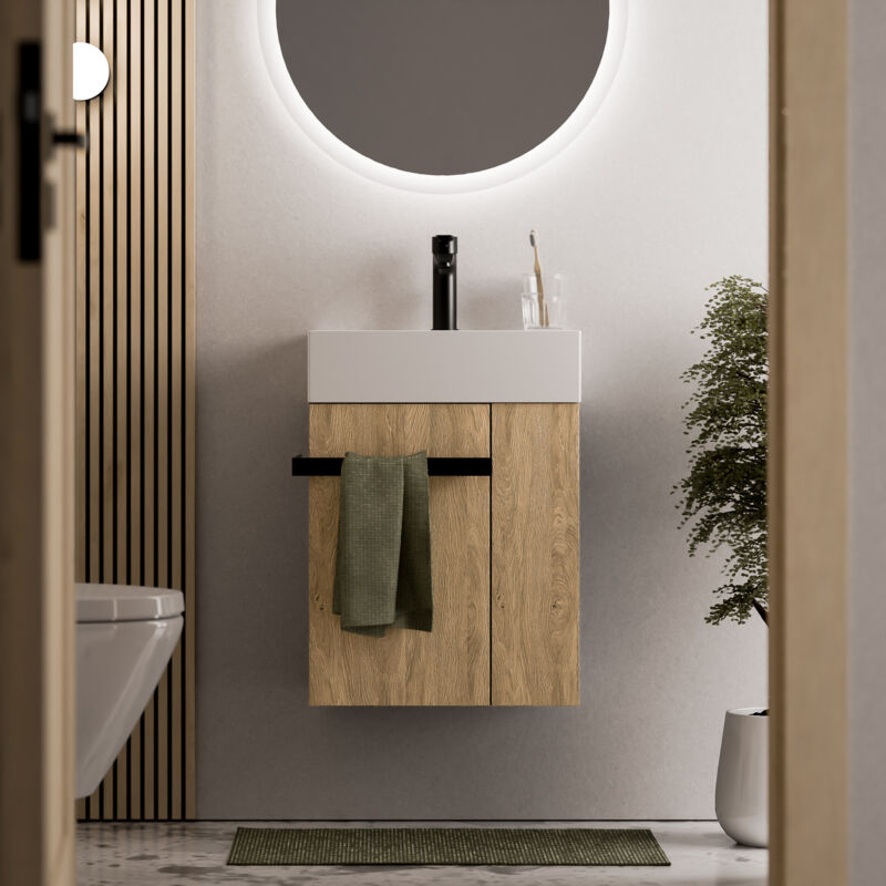 Meuble vasque lave-main Chêne miel 45x35x50cm (LxPxH) 1 tiroir + rangement droite + poignée Noir mat - COMPACT450 Noir mat, Chêne Miel doré