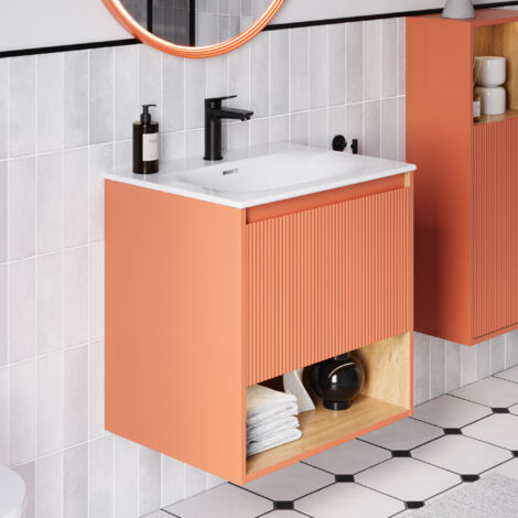 BERNSTEIN - Meuble vasque suspendu MDF Abricot mat, lavabo DURAVIT Blanc brillant + trou robinet, trop plein & Bonde - 63x49x62cm - BELDIVO
