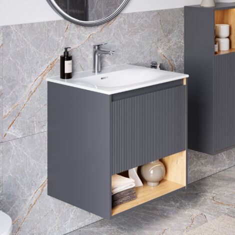 BERNSTEIN - Meuble vasque suspendu MDF Anthracite mat, lavabo DURAVIT Blanc brillant + trou robinet, trop plein & Bonde - 63x49x62cm - BELDIVO