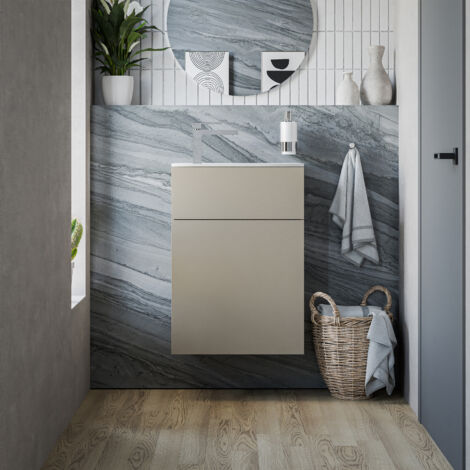 BERNSTEIN - Meuble vasque suspendu MDF Beige mat, lavabo Blanc mat + trou robinet & Bonde, Charnière porte à droite - 50x26x72cm - KONDA Blanc mat, Beige sable clair