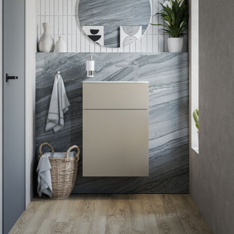 BERNSTEIN - Meuble vasque suspendu MDF Beige mat, lavabo Blanc mat + trou robinet & Bonde, Charnière porte à gauche - 50x26x72cm - KONDA Blanc mat, Beige sable clair