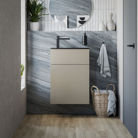 BERNSTEIN - Meuble vasque suspendu MDF Beige mat, lavabo Noir mat + trou robinet & Bonde, Charnière porte à droite - 50x26x72cm - KONDA Noir mat, Beige sable clair