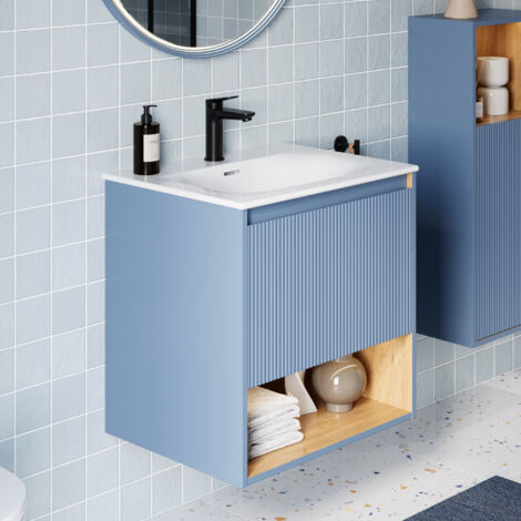 BERNSTEIN - Meuble vasque suspendu MDF Bleu azur mat, lavabo DURAVIT Blanc brillant + trou robinet, trop plein & Bonde - 63x49x62cm - BELDIVO