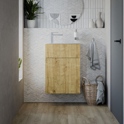 BERNSTEIN - Meuble vasque suspendu MDF Chêne miel, lavabo Blanc mat + trou robinet & Bonde, Charnière porte à droite - 50x26x72cm - KONDA Blanc mat, Chêne miel