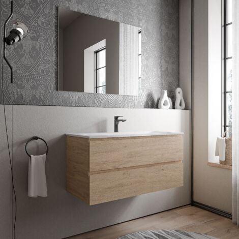 BERNSTEIN - Meuble vasque suspendu MDF Chêne miel, lavabo fonte Blanc mat + trou robinet - 100x46x50cm - AVA BRUXELLES Chêne Miel doré, Blanc mat avec trou pour robinetterie