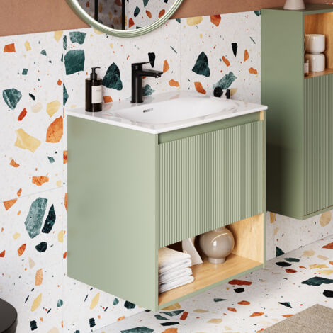 BERNSTEIN - Meuble vasque suspendu MDF Vert jade mat, lavabo DURAVIT Blanc brillant + trou robinet, trop plein & Bonde - 63x49x62cm - BELDIVO