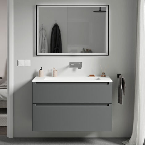 BERNSTEIN - Meuble vasque suspendu salle de bain MDF Anthracite mat, lavabo fonte minérale Blanc mat sans trou robinet, tiroirs passe-main pivotants - 80x46x62cm - VIREO Anthracite mat, Blanc mat sans