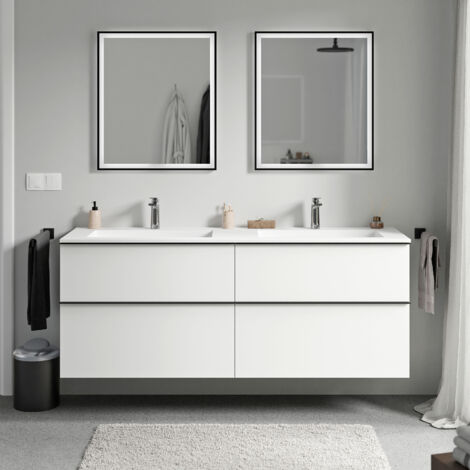 BERNSTEIN - Meuble vasque suspendu salle de bain MDF Blanc mat, lavabo fonte minérale Blanc mat + trou robinet, poignée métal Chrome - 160x46x62cm - LAVOA Blanc mat, Chrome, Blanc mat avec trou pour r