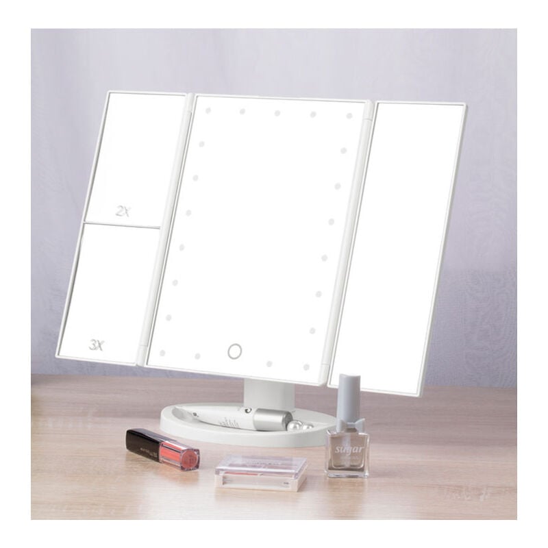 Miroir 3 panneaux avec 21 led lumineuses pour salle de bain et toilettes, idéal pour cosmétique - 34x27,3x12cm - E280 - Couleur au choix Noir