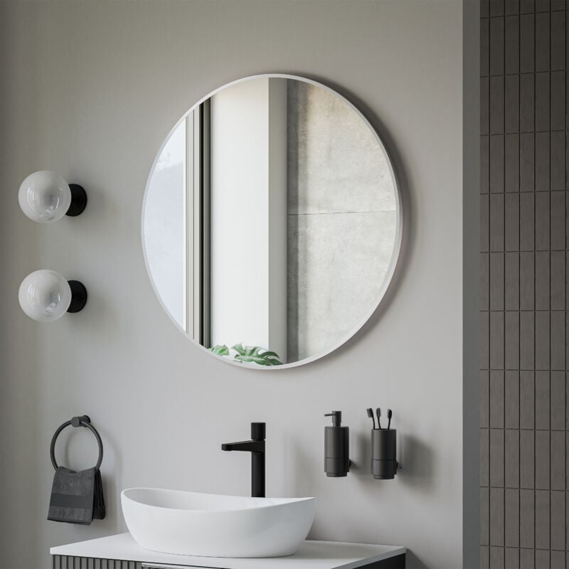 Bernstein - Miroir mural rond design de salle de bain, cadre en aluminium, verre 4mm - 8232 - Couleur et taille au choix Blanc, Ø80cm