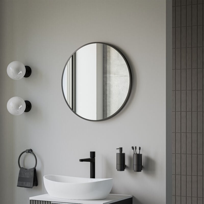 Bernstein - Miroir mural rond design de salle de bain, cadre en aluminium, verre 4mm - 8232 - Couleur et taille au choix Noir, Ø60cm