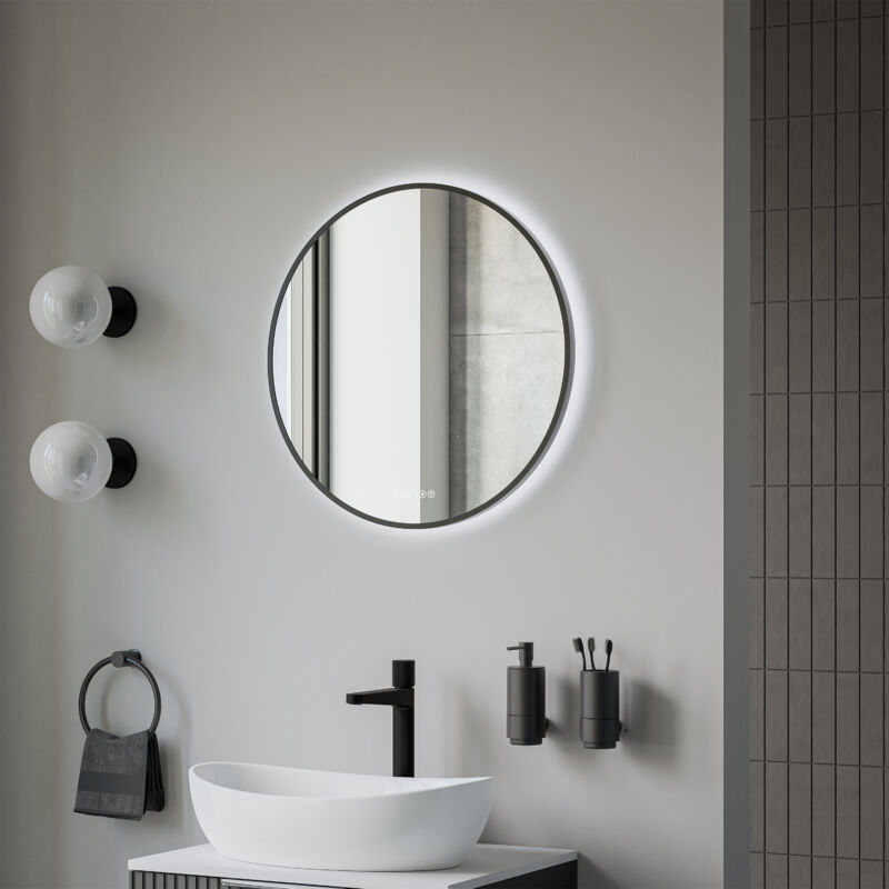 BERNSTEIN - Miroir rond design cadre noir éclairages LED avec bouton tactile, réglage de lumière, anti-buée et horloge digitale, pour salle de bain