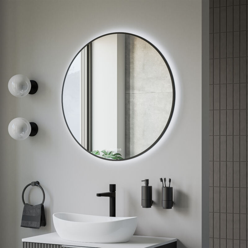 Bernstein - Miroir rond design cadre noir éclairages led avec bouton tactile, réglage de lumière, anti-buée et horloge digitale, pour salle de bain