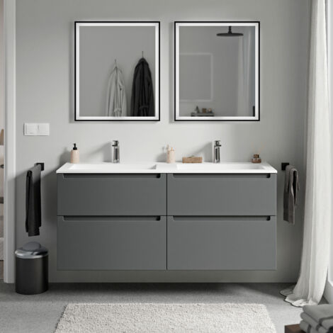 BERNSTEIN - Mobile lavabo doppio sospeso MDF antracite opaco, lavelli Ghisa bianco opaco + fori rubinetteria, cassetti girevoli - 120x46x62cm - VIREO	Antracite opaco, Bianco opaco con foro rubinetto
