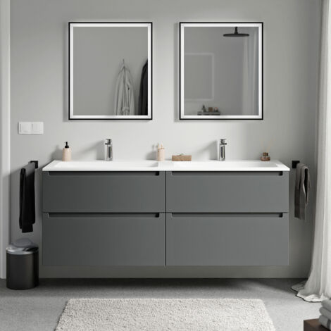 BERNSTEIN - Mobile lavabo doppio sospeso MDF antracite opaco, lavelli Ghisa bianco opaco + fori rubinetteria, cassetti girevoli - 160x46x62cm - VIREO	Antracite opaco, Bianco opaco con foro rubinetto