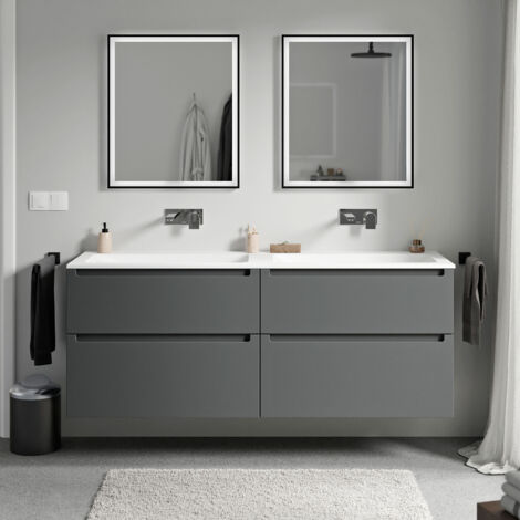 BERNSTEIN - Mobile lavabo doppio sospeso MDF antracite opaco, lavelli Ghisa bianco opaco senza foro rubinetto, cassetti girevoli - 160x46x62cm - VIREO	Antracite opaco, Bianco opaco senza foro rubinett