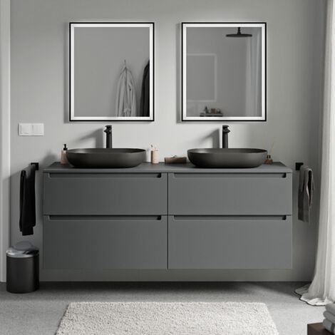 BERNSTEIN - Mobile lavabo sospeso MDF antracite opaco, piano lavabo antracite opaco, cassetti girevoli - 160x46x62cm - VIREO	Antracite opaco, Antracite opaco