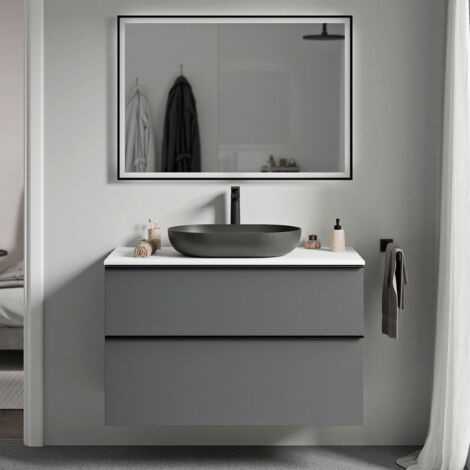 BERNSTEIN - Mobile lavabo sospeso MDF antracite opaco, piano lavabo bianco opaco, maniglia antracite opaco - 100x46x62cm - LAVOA	Antracite opaco, Antracite opaco, Bianco opaco