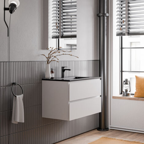 BERNSTEIN - Mobile lavabo sospeso MDF Bianco opaco, Lavabi Nero opaco + foro troppo pieno e piletta - 80x46x50cm - AVA Bianco opaco, Nero opaco