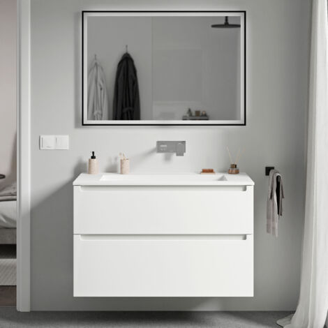 BERNSTEIN - Mobile lavabo sospeso MDF bianco opaco, lavabo Ghisa senza foro rubinetto, cassetti girevoli - 80x46x62cm - VIREO	Bianco opaco, Bianco opaco senza foro rubinetto