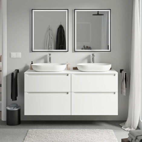 BERNSTEIN - Mobile lavabo sospeso MDF bianco opaco, piano lavabo bianco opaco, cassetti girevoli - 140x46x62cm - VIREO	Bianco opaco, Bianco opaco