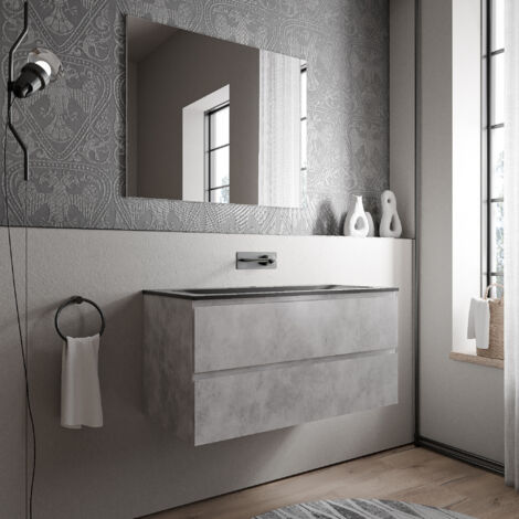 BERNSTEIN - Mobile lavabo sospeso MDF effetto cemento, lavabo Ghisa nero opaco senza foro rubinetto - 100x46x50cm - AVA BRUSSELS	Calcestruzzo, Nero opaco senza foro per rubinetto
