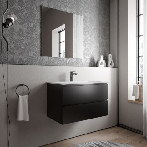 BERNSTEIN - Mobile lavabo sospeso MDF Nero opaco, lavabo Ghisa Bianco opaco + foro rubinetto - 80x46x50cm - AVA CREAM	Nero opaco, Bianco opaco con foro rubinetto