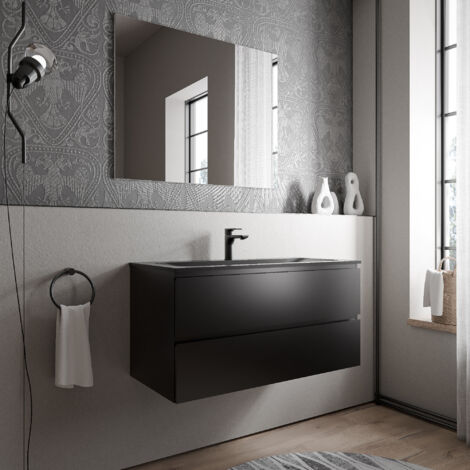 BERNSTEIN - Mobile lavabo sospeso MDF nero opaco, lavabo Ghisa nero opaco + foro rubinetto - 100x46x50cm - AVA BRUSSELS	Nero opaco, Nero opaco con foro rubinetto