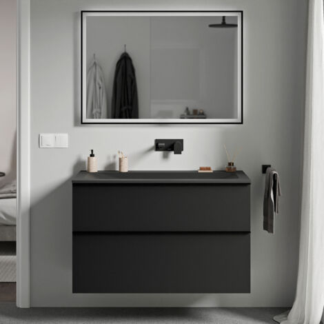 BERNSTEIN - Mobile lavabo sospeso MDF nero opaco, lavabo Ghisa nero opaco senza foro rubinetto, maniglia cromata - 100x46x62cm - LAVOA	Nero opaco, cromo, Nero opaco senza foro per rubinetto