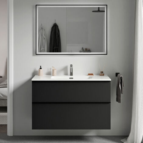 BERNSTEIN - Mobile lavabo sospeso MDF Nero opaco, lavelli bianco lucido + foro rubinetto, maniglia cromata - 101x64x47cm - LAVOA Bianco lucido, Nero opaco, cromo