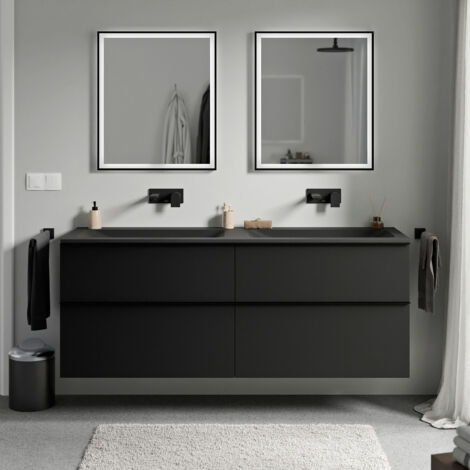 BERNSTEIN - Mobile lavabo sospeso MDF nero opaco, lavello Ghisa nero opaco senza foro rubinetto, maniglia cromata - 160x46x62cm - LAVOA	Nero opaco, cromo, Nero opaco senza foro per rubinetto