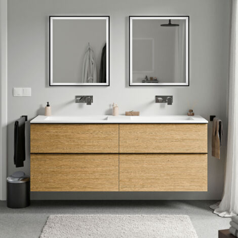 BERNSTEIN - Mobile lavabo sospeso MDF Rovere Miele, lavabo Ghisa Bianco Opaco senza foro rubinetto, maniglia Antracite Opaco - 160x46x62cm - LAVOA	Antracite opaco, Rovere Miele Oro, Bianco opaco senza