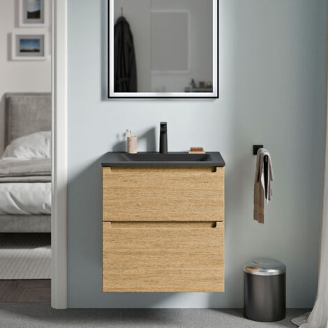 BERNSTEIN - Mobile lavabo sospeso MDF rovere miele, lavello Ghisa nero opaco + foro rubinetto, cassetti girevoli - 60x46x62cm - VIREO	Rovere Miele Oro, Nero opaco con foro rubinetto