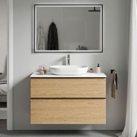 BERNSTEIN - Mobile lavabo sospeso MDF rovere miele, piano lavabo bianco opaco, maniglia antracite opaco - 100x46x62cm - LAVOA	Antracite opaco, Rovere Miele Oro, Bianco opaco