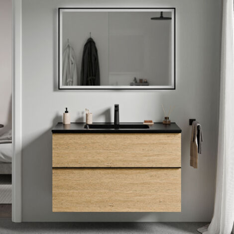 BERNSTEIN - mobili da bagno sospeso, mobili per bacino nero 2 cassetti - 5 anni di garanzia - manico metallo nero - 64x81x47cm - Oak - Lavoa Nero opaco, Nero opaco, Rovere Miele Oro
