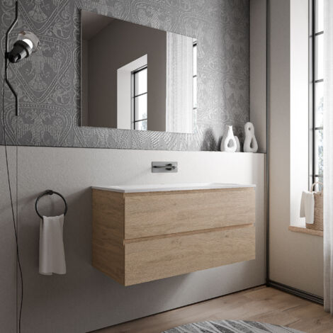 BERNSTEIN - Mueble bajo lavabo AVA 100 cm con lavabo de fundición mineral BRUXELLES- color a elegir:Honeygold oak, Blanco mate sin orificio para grifo