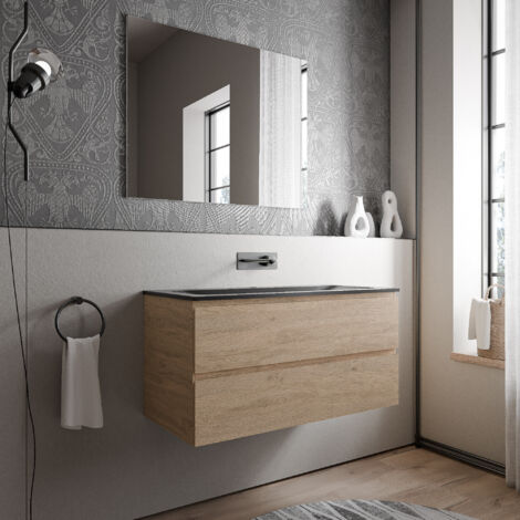 BERNSTEIN - Mueble bajo lavabo AVA 100 cm con lavabo de fundición mineral BRUXELLES- color a elegir:Honeygold oak, Negro mate sin orificio para grifo