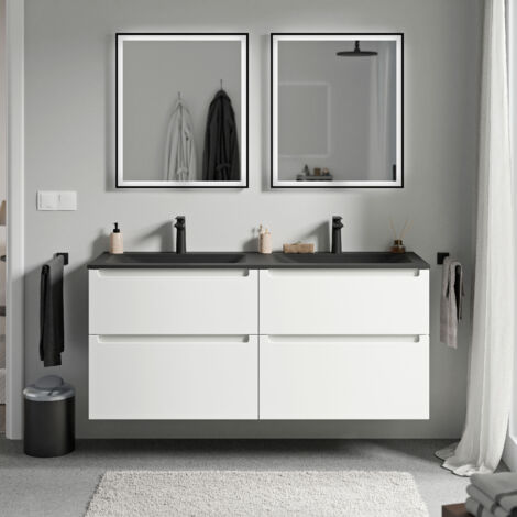 BERNSTEIN - Mueble lavabo doble suspendido MDF blanco mate, lavabos + orificios grifería fundición negra mate, caj. giratorios 140x46x62cm VIREO blanco mate, Negro mate con orificio para grifo.