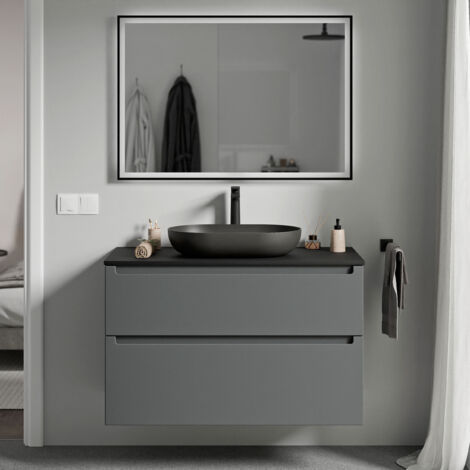 BERNSTEIN - Mueble lavabo suspendido MDF antracita mate, encimera de lavabo negro mate, cajones giratorios 100x46x62cm - VIREO antracita mate, Negro mate