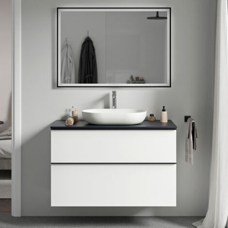 BERNSTEIN - Mueble lavabo suspendido MDF blanco mate, encimera de lavabo azul noche mate, tirador negro mate 80x46x62cm - LAVOA blanco mate, Negro mate, Azul medianoche mate