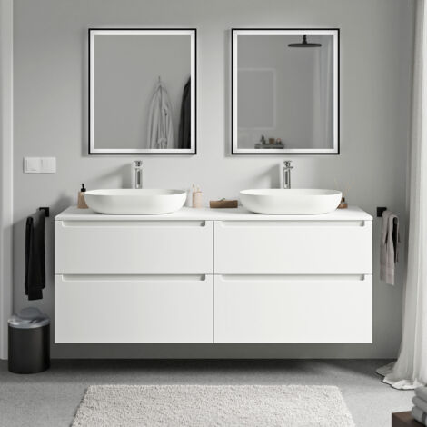 BERNSTEIN - Mueble lavabo suspendido MDF blanco mate, encimera de lavabo blanco mate, cajones giratorios 160x46x62cm - VIREO blanco mate, blanco mate