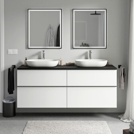 BERNSTEIN - Mueble lavabo suspendido MDF blanco mate, encimera + tirador negro mate 160x46x62cm - LAVOA blanco mate, Negro mate, Negro mate