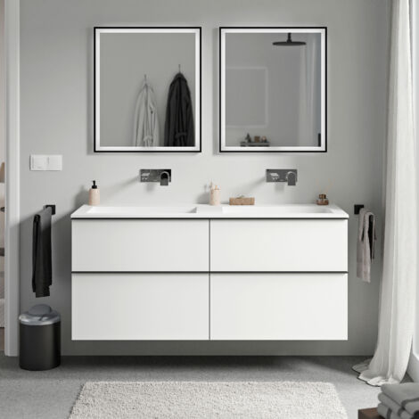 BERNSTEIN - Mueble lavabo suspendido MDF blanco mate, lavabo fundición blanco mate sin orificio grifería, tirador antracita mate 120x46x62cm, LAVOA blanco mate, antracita mate, Blanco mate sin agujero