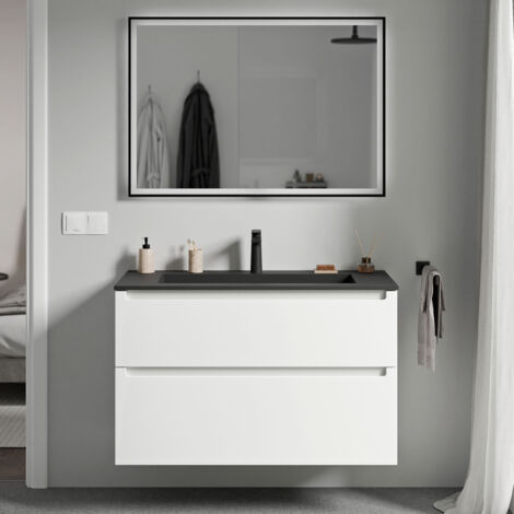 BERNSTEIN - Mueble lavabo suspendido MDF blanco mate, lavabo fundición negro mate + orificio grifería, cajone giratorio 80x46x62cm VIREO blanco mate, Negro mate con orificio para grifo.