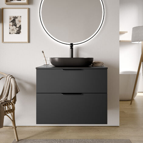 BERNSTEIN - Mueble lavabo suspendido MDF Negro mate 80x46x62cm, Encimera de lavabo Roble gris + Tirador Negro mate - TIM80 Negro mate, Negro mate, Roble gris niebla