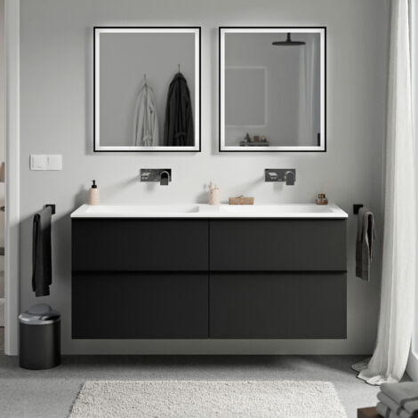 BERNSTEIN - Mueble lavabo suspendido MDF Negro mate, lavabo fundición Blanco mate sin orificio grifería, tirador Antracita mate 140x46x62cm LAVOA Negro mate, antracita mate, Blanco mate sin agujero pa