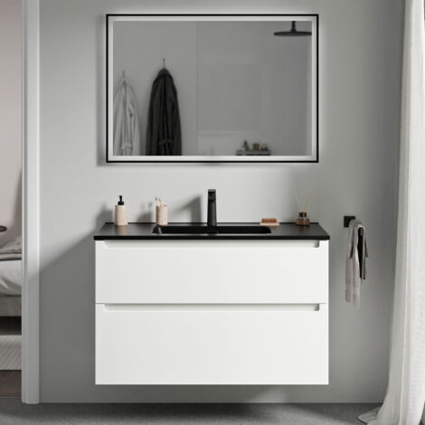 BERNSTEIN - Muebles de baño suspendidos, muebles de cuenca negra con 2 cajones - 5 años Garantía - 64x101x47cm - Matt White - Vireo